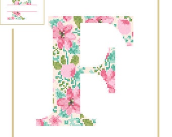 Floral Monogram F Cross Stitch Pattern F Initial F Letter cross stitch Baby birth nursery split letter cross Wedding Anniversary Wedding