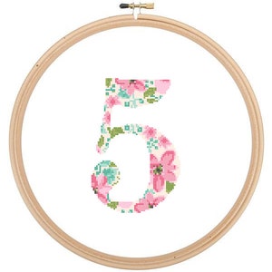 Floral 5 Cross Stitch Pattern 5 number 5 cross stitch Baby birth nursery numbers cross stitch Birthday Wedding Anniversary image 2