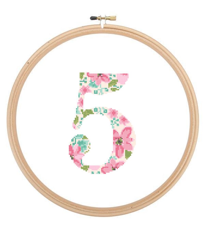 Floral 5 Cross Stitch Pattern 5 number 5 cross stitch Baby birth nursery numbers cross stitch Birthday Wedding Anniversary image 2