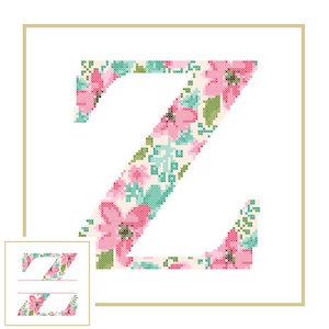 Floral Monogram Z Cross Stitch Pattern Z Initial Z Letter cross stitch Baby birth nursery split letter cross Wedding Anniversary Wedding image 1