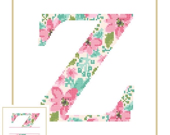 Floral Monogram Z Cross Stitch Pattern Z Initial Z Letter cross stitch Baby birth nursery split letter cross Wedding Anniversary Wedding