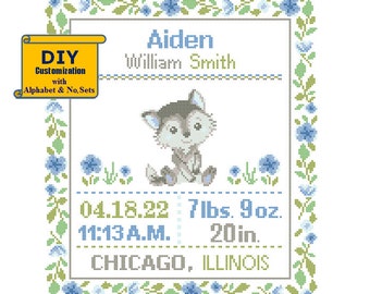 Wolf Cross Stitch Birth Announcement cross Stitch Birth Record Floral Baby Boy Wolf Nursery Blue gray birth sampler woodland jungle