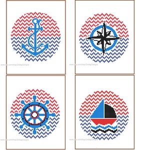 Instant Download set of 4 Cross Stitch Patterns anchor nautical wheel yacht compass red blue gift cute and modern looks image 3