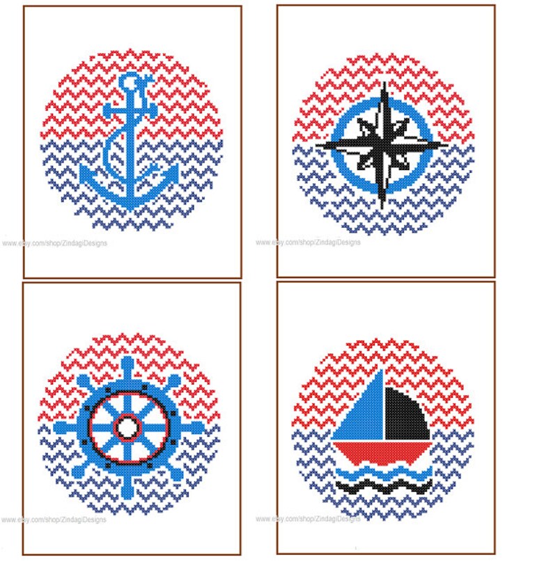 Instant Download set of 4 Cross Stitch Patterns anchor nautical wheel yacht compass red blue gift cute and modern looks image 3