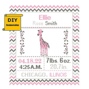 Giraffe Cross Stitch Birth Announcement cross Stitch Birth Record chevron Baby Boy Girl Giraffe Nursery Sampler Instant Download DIY Pattern image 5