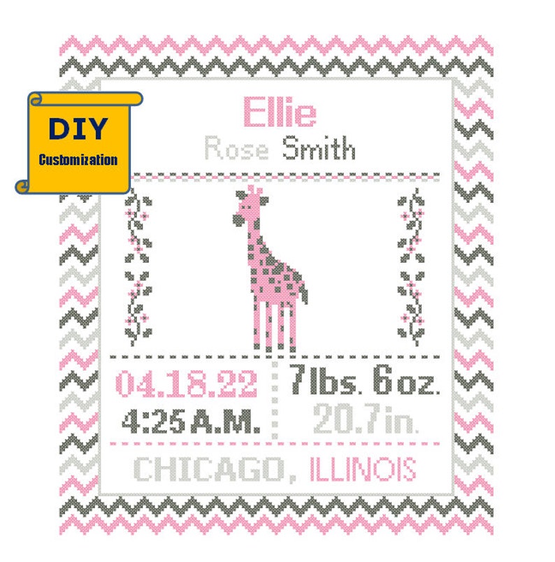 Giraffe Cross Stitch Birth Announcement cross Stitch Birth Record chevron Baby Boy Girl Giraffe Nursery Sampler Instant Download DIY Pattern image 5
