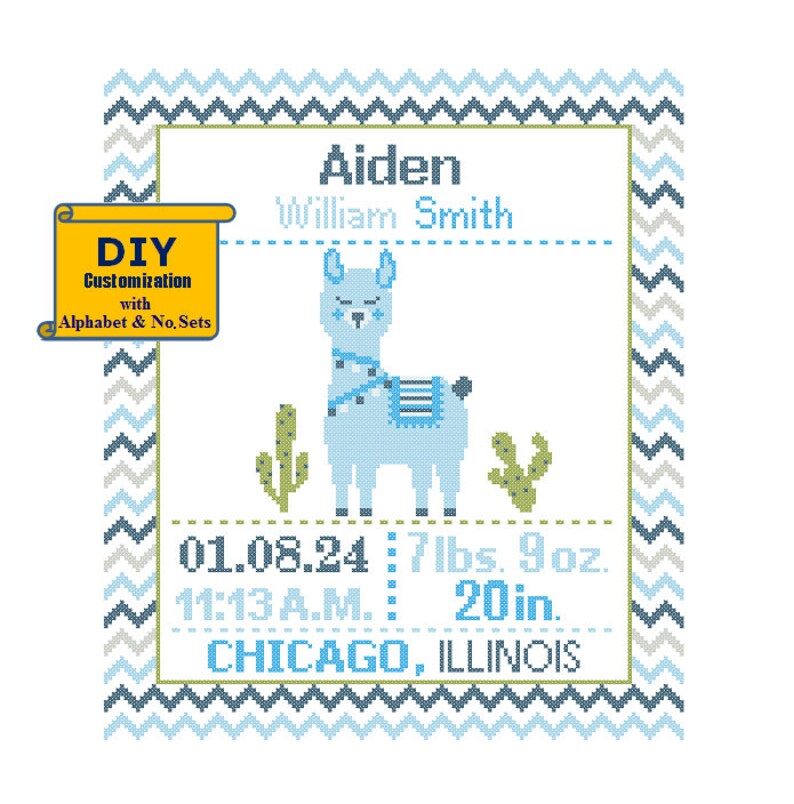 Llama Cross Stitch Birth Announcement cross Stitch Birth Record chevron Baby Boy Cowboy Nursery desert birth sampler ranch Blue image 1