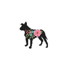 Floppy Ears Pitbull Silhouette Cross Stitch Pattern Floral roses Pet animal wall art Dog cross stitch modern trendy great gift 画像 2