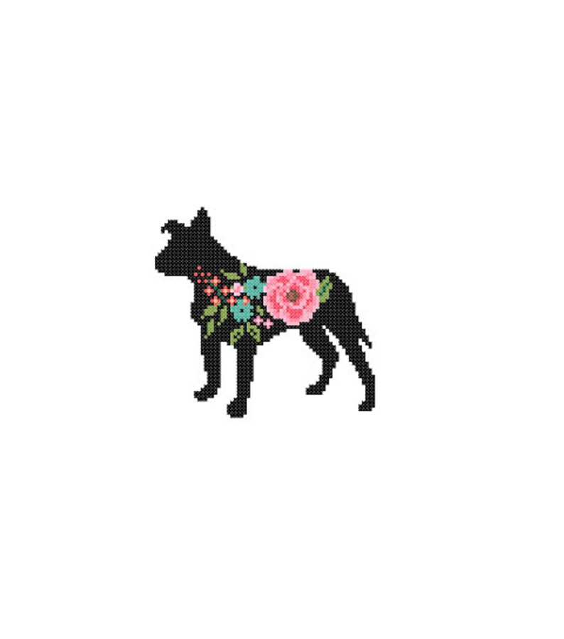 Floppy Ears Pitbull Silhouette Cross Stitch Pattern Floral roses Pet animal wall art Dog cross stitch modern trendy great gift image 2