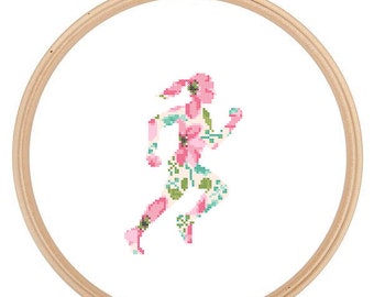 Woman Runner Silhouette Cross Stitch Pattern Floral Water color effect wall art Runner cross stitch woman Jogger cross stitch
