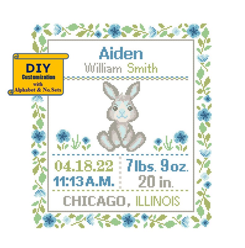 Rabbit Cross Stitch Birth Announcement Cross Stitch Birth Etsy