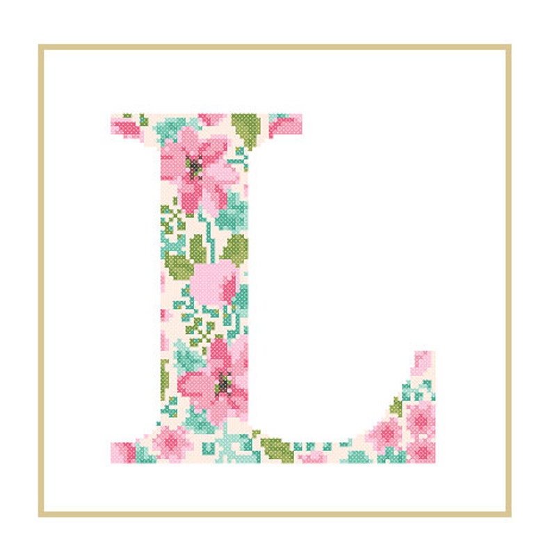 Floral Monogram L Cross Stitch Pattern L Initial L Letter cross stitch Baby birth nursery split letter cross Wedding Anniversary Wedding image 4