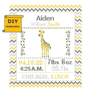 Giraffe Cross Stitch Birth Announcement cross Stitch Birth Record chevron Baby Boy Girl Giraffe Nursery Sampler Instant Download DIY Pattern image 1