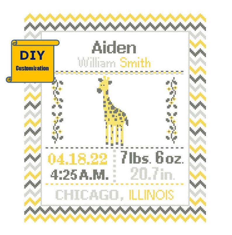Giraffe Cross Stitch Birth Announcement cross Stitch Birth Record chevron Baby Boy Girl Giraffe Nursery Sampler Instant Download DIY Pattern image 1