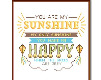 Modern Cross Stitch Pattern "You are my Sunshine" Song lyrics quote Text yellow orange blue sun kite wall art gift