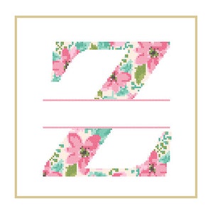 Floral Monogram Z Cross Stitch Pattern Z Initial Z Letter cross stitch Baby birth nursery split letter cross Wedding Anniversary Wedding image 3