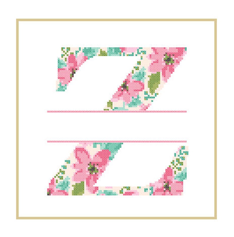 Floral Monogram Z Cross Stitch Pattern Z Initial Z Letter cross stitch Baby birth nursery split letter cross Wedding Anniversary Wedding image 3