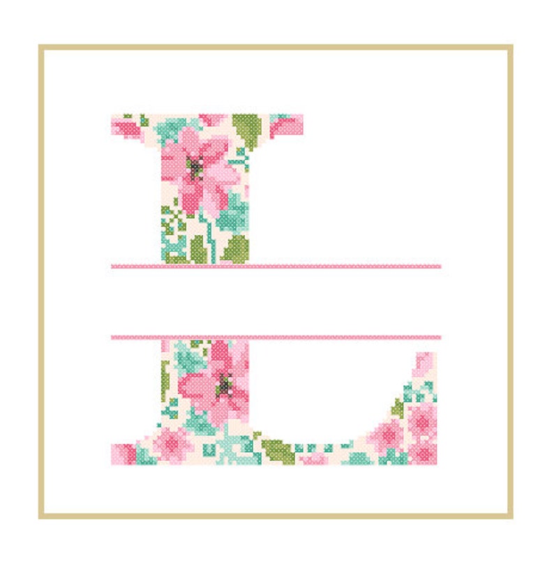 Floral Monogram L Cross Stitch Pattern L Initial L Letter cross stitch Baby birth nursery split letter cross Wedding Anniversary Wedding image 3