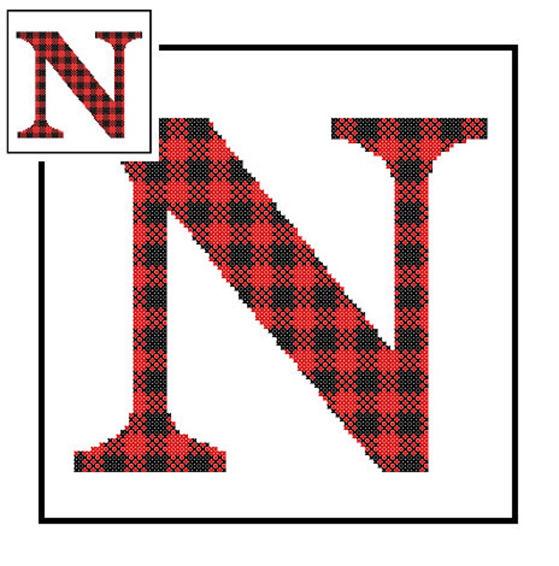 Buffalo Plaid Monogram N Cross Stitch Pattern N Initial N Letter cross stitch Wedding Gift split letter cross Wedding Record Anniversary image 1