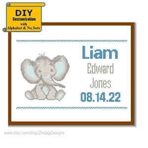 Baby Elephant Cross Stitch Birth Announcement Cross Stitch Birth Record Jungle Baby Boy Nursery Blue elephant DIY customizable Pattern