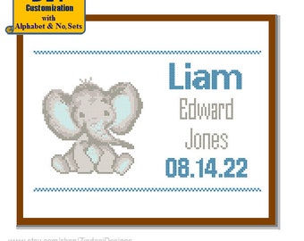 Baby Elephant Cross Stitch Birth Announcement Cross Stitch Birth Record Jungle Baby Boy Nursery Blue elephant DIY customizable Pattern