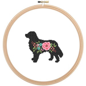 Perro de montaña bernés silueta patrón de punto de cruz Perro de montaña bernés rosas florales Arte de pared de animales de mascota Perro punto de cruz regalo moderno imagen 1