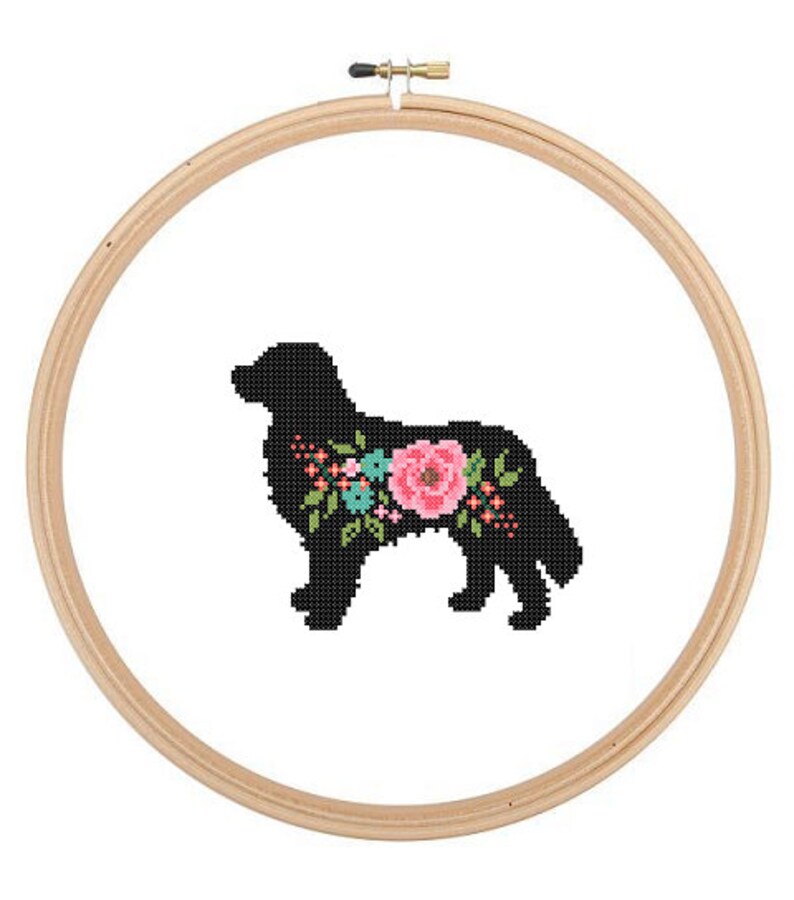 Bernese Mountain Dog Silhouette Cross Stitch Pattern Bernese Mountain Dog floral roses Pet animal wall art Dog cross stitch modern gift image 1