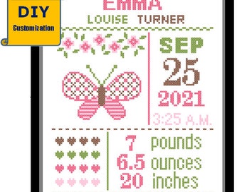 Butterfly Birth Announcement Butterfly Birth Record Cross Stitch Birth Sampler Cross Stitch Baby Girl sampler Pink DIY Pattern Cross Stitch