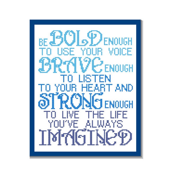 Modern Cross Stitch Pattern "Be Bold Enough to use your voice" Inspirational quote Blue typography Nursery Boy wall art gift