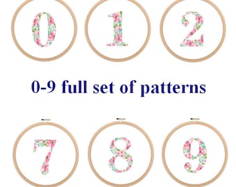 Cross Stitch 0-9 numbers set Floral Number cross stitch Pattern 0 to 9 intial letter cross Birthday Wedding Anniversary