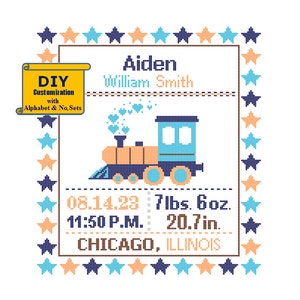 Train Engine Pattern Cross Stitch Birth Announcement Cross Stitch Railway Birth Record Transport Boy Nursery birth sampler explorer blue
