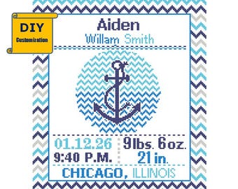 Anchor Birth sampler Cross Stitch Birth Announcement Cross Stitch Birth Record Baby Boy Anchor Nautical Nursery DIY customizable Pattern