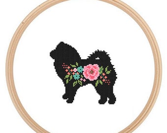Chow Chow Silhouette Cross Stitch Pattern rose floreali Arte da parete per animali domestici Chow Chow Dog punto croce regalo moderno