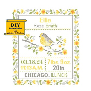Bird Cross Stitch Birth Announcement cross Stitch Birth Record Floral Baby Girl floral Bird Nursery yellow grey birth sampler