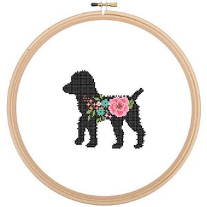 Black Poodle Silhouette Cross Stitch Pattern Floral Roses Pet animal wall art Dog cross stitch modern trendy great gift image 1