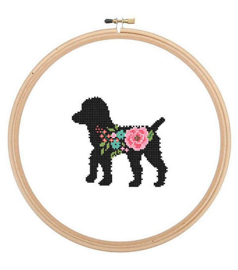 Black Poodle Silhouette Cross Stitch Pattern Floral Roses Pet animal wall art Dog cross stitch modern trendy great gift image 1