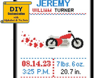 Motorbike Cross Stitch Birth Announcement Cross Stitch Birth Sampler Cross Stitch Boy Motorcycle Nursery adventure DIY customizable Pattern