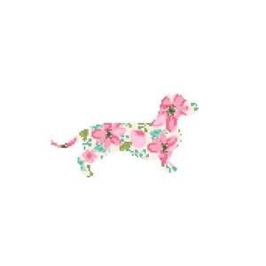 Dachshund Dog Silhouette Cross Stitch Pattern Floral Water color effect Pet animal wall art Dog cross stitch modern trendy great gift image 2