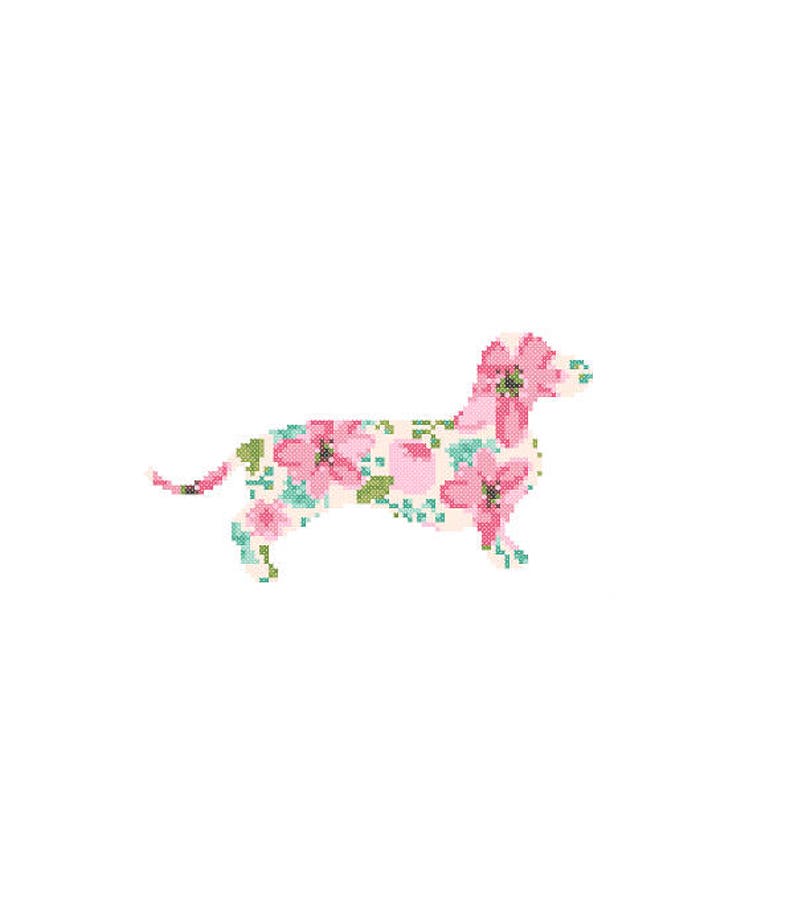 Dachshund Dog Silhouette Cross Stitch Pattern Floral Water color effect Pet animal wall art Dog cross stitch modern trendy great gift image 2