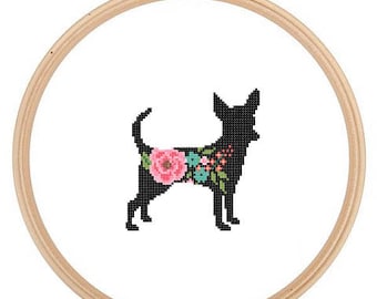 Chihuahua Silhouette Cross Stitch Pattern Floral roses Pet animal wall art Dog cross stitch modern trendy great gift