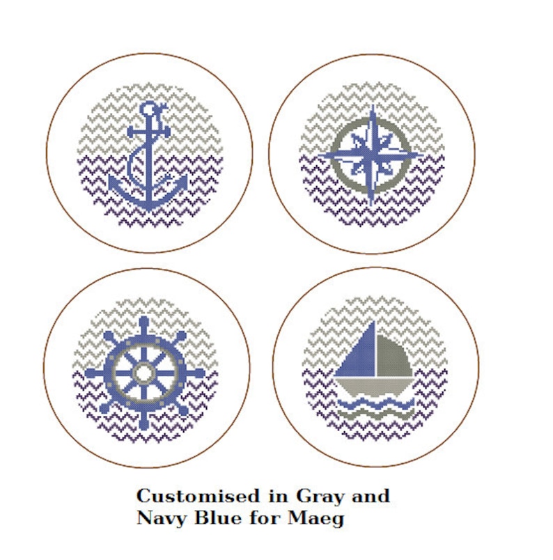 Instant Download set of 4 Cross Stitch Patterns anchor nautical wheel yacht compass red blue gift cute and modern looks image 4