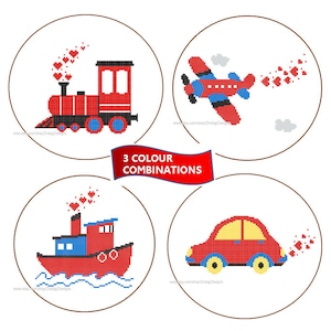 May include: Four colorful cross-stitch patterns of a train, airplane, boat, and car. Each design features red, blue, and yellow colors and a trail of hearts.