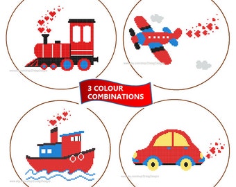 Instant Download set of 4 Cross Stitch Pattern train engine airplane car boat transport 3 colour combinations red green yellow nursery gift
