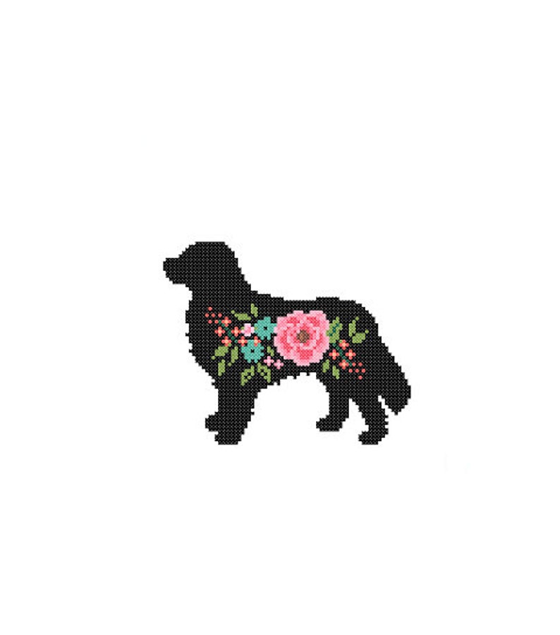 Perro de montaña bernés silueta patrón de punto de cruz Perro de montaña bernés rosas florales Arte de pared de animales de mascota Perro punto de cruz regalo moderno imagen 2
