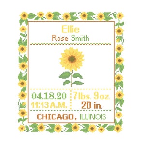 Custom Pattern Cross Stitch Floral Sunflower Birth Announcement Cross Stitch Birth Record Cross Stitch Girl Sunshine sunflowers cross stitch