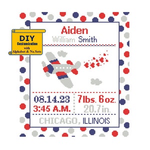 Airplane Birth Announcement Airplane Birth Record Boy Birth Sampler Aeroplane cross stitch Birth Record Navy Red Gray Transport polka