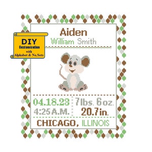 Mouse Cross Stitch Birth Announcement Cross Stitch Birth Sampler Baby Nursery mouse pattern cross stitch birth sampler farm animal rat