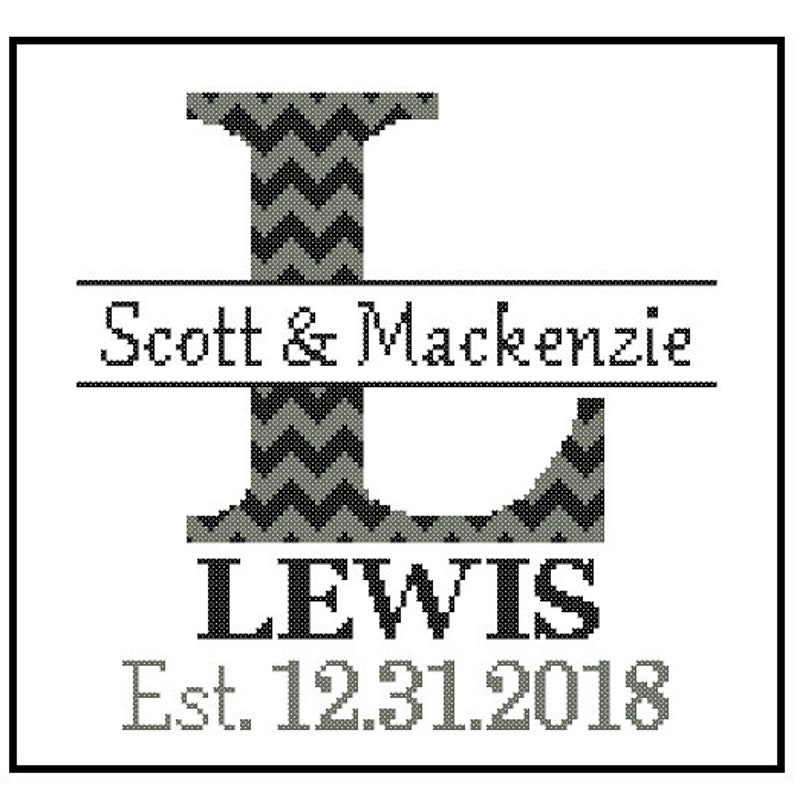 1 custom Monogram Cross Stitch Pattern Modern Initial Family Name Wedding Gift House Warming chevron Wedding Record Anniversary Home Decor image 9