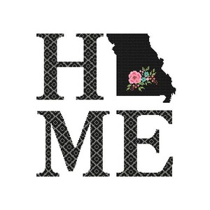 May include: Black and white graphic design with the word "HOME" with the letter "O" replaced with the outline of the state of Missouri with a floral design inside.
