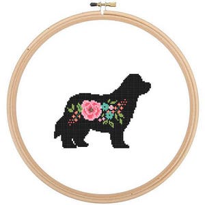 Newfoundland Silhouette Cross Stitch Pattern Floral Newfie Pet animal wall art Newfoundland Dog cross stitch modern trendy great gift image 1